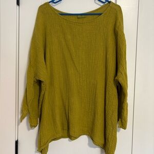 CP Shades Mustard Yellow Linen 3/4 Sleeve Blouse Loose Fit Summer Tunic Top O/S